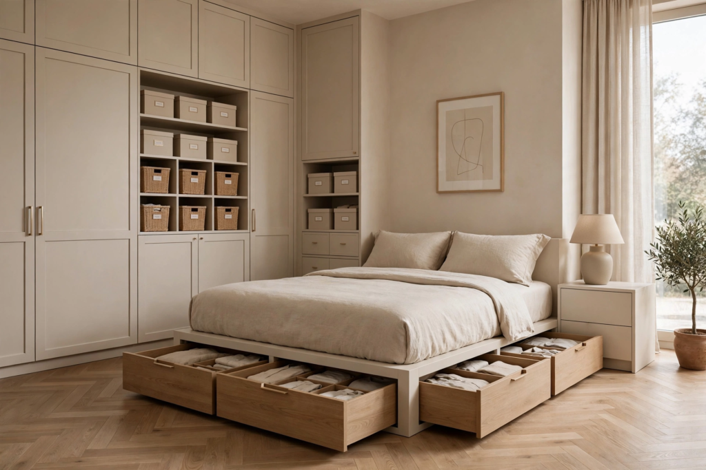 Space-saving bedroom design ideas featuring a platform bed with pull-out under-bed storage drawers and floor-to-ceiling built-in wardrobes.   