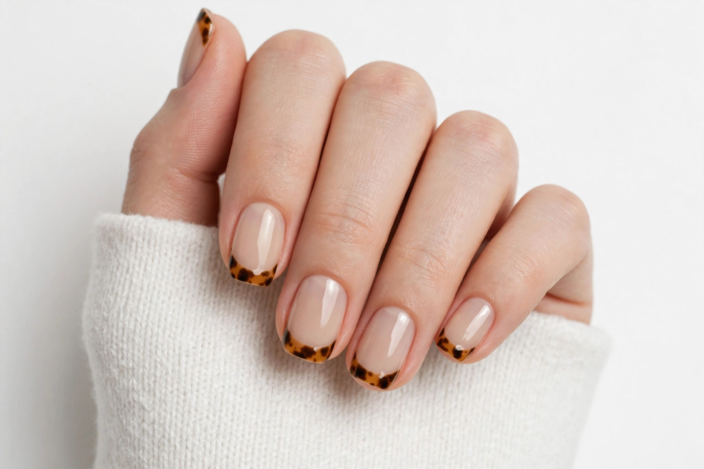 Nails Inspo 2026: 30+ Trendy Nail Ideas to Save Nails inspo 2026 showcasing tortoiseshell French tips on short squoval nails with a glossy nude base.