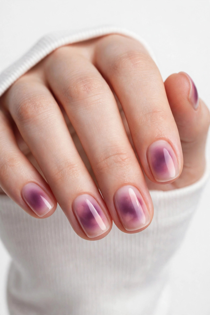 Nails Inspo 2026: 30+ Trendy Nail Ideas to Save Nails inspo 2026 showcasing dreamy purple aura nail art with a blooming center gradient on glossy squoval nails.