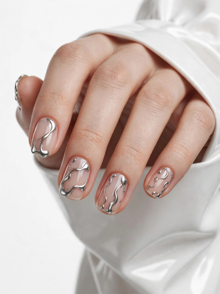 Nails Inspo 2026: 30+ Trendy Nail Ideas to Save Nails inspo 2026 showcasing futuristic 3D molten silver chrome swirls on glossy sheer nude oval nails.