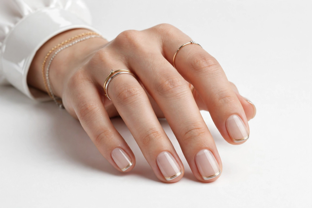 Nails Inspo 2026: 30+ Trendy Nail Ideas to Save Nails inspo 2026 showcasing an ultra-thin metallic silver chrome French tip manicure on glossy nude squoval nails.