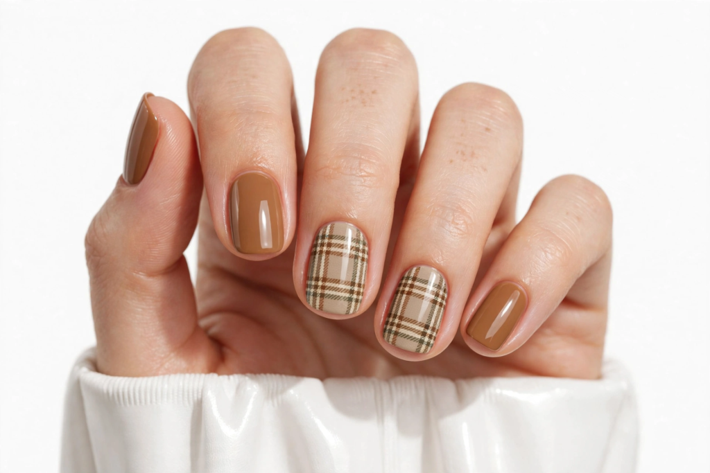 Nails Inspo 2026: 30+ Trendy Nail Ideas to Save Nails inspo 2026 featuring cozy neutral plaid accent art paired with warm caramel brown polish on short squoval nails.