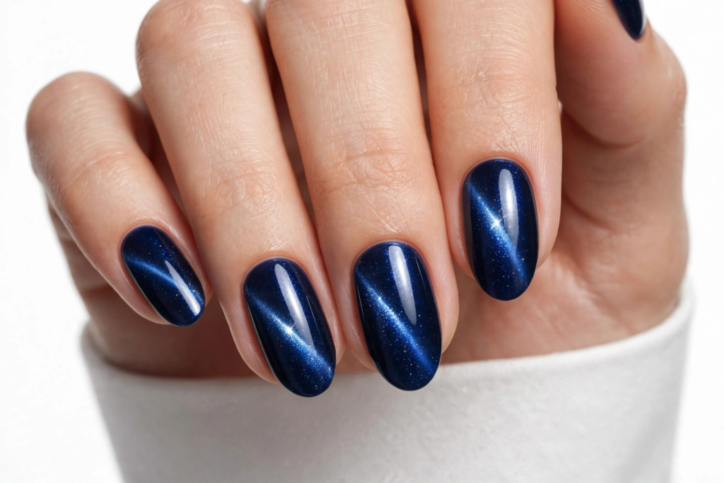 Nails Inspo 2026: 30+ Trendy Nail Ideas to Save Nails inspo 2026 showcasing midnight blue cat-eye magnetic polish with a luminous velvet sheen on elegant oval nails.