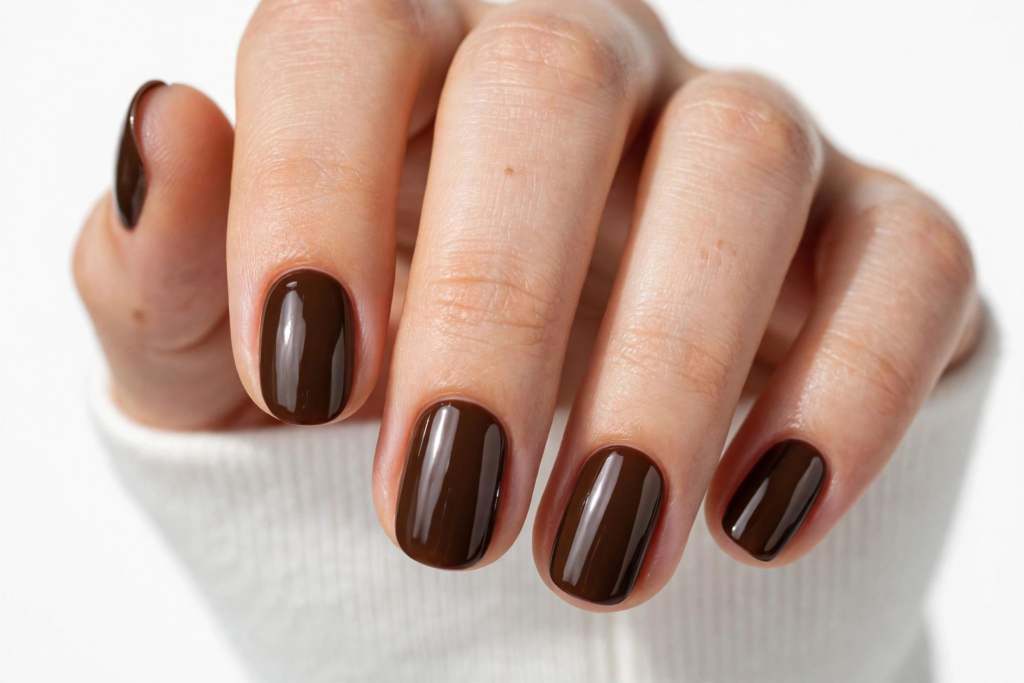 Nails Inspo 2026: 30+ Trendy Nail Ideas to Save Nails inspo 2026 showcasing glossy rich mocha brown gel polish on clean, squoval-shaped nails.