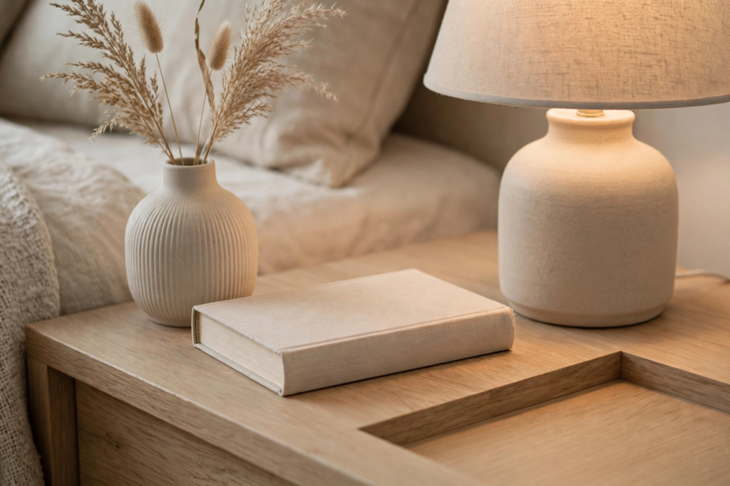 Cozy nightstand styling showcasing neutral bedroom design ideas with a ceramic lamp, hardcover book, and dried florals.
