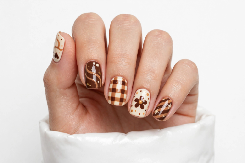 Nails Inspo 2026: 30+ Trendy Nail Ideas to Save Nails inspo 2026 showcasing a mix-and-match autumn manicure in chocolate brown and cream with gingham check, floral, and swirl nail art.