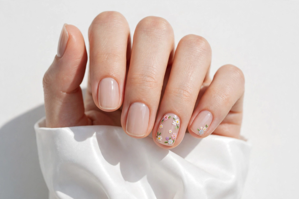 Nails Inspo 2026: 30+ Trendy Nail Ideas to Save Nails inspo 2026 showcasing a minimalist sheer nude manicure on short squoval nails with delicate pastel floral accent art.