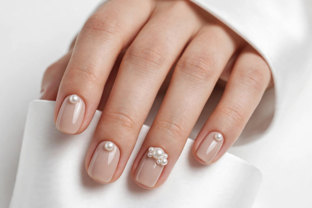 Nails Inspo 2026: 30+ Trendy Nail Ideas to Save Nails inspo 2026 showcasing a sheer milky nude manicure on squoval nails adorned with elegant 3D white pearl cuticle clusters.