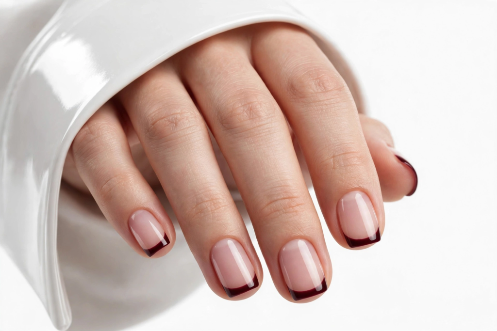 Nails Inspo 2026: 30+ Trendy Nail Ideas to Save Nails inspo 2026 showcasing a micro French manicure with deep wine red tips on glossy nude squoval nails.