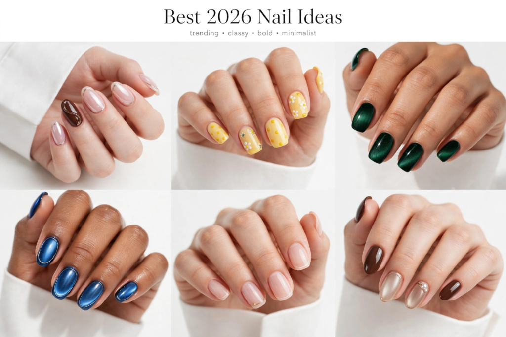 Nails Inspo 2026: 30+ Trendy Nail Ideas to Save Nails inspo 2026 collage featuring trending nail art ideas including velvet cat-eye, chrome accents, pastel floral art, and minimalist nude designs.