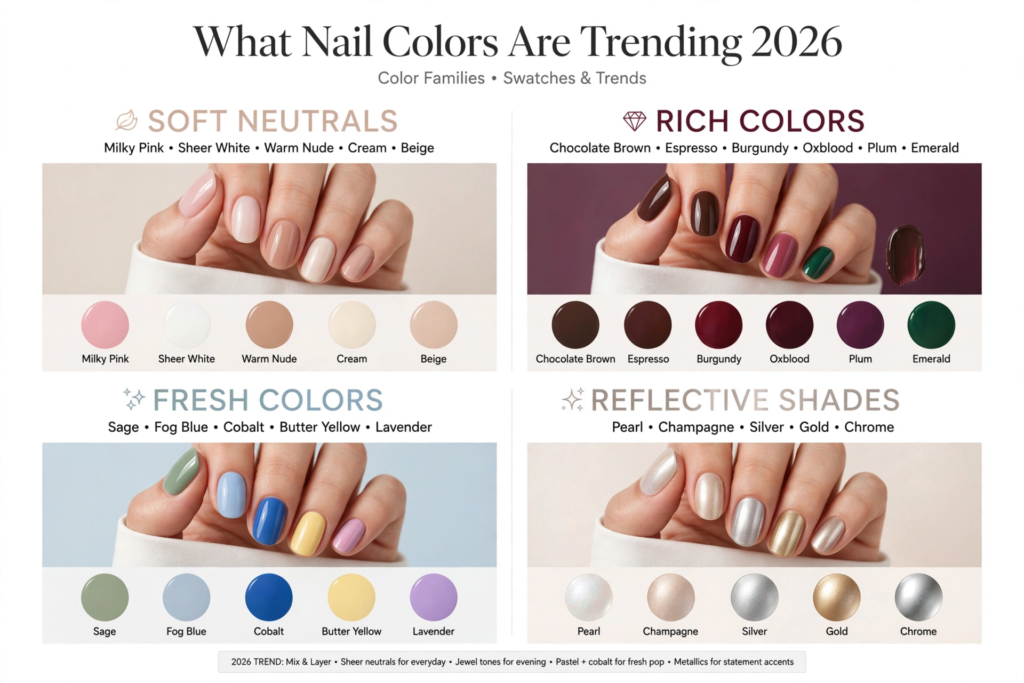 Nails Inspo 2026: 30+ Trendy Nail Ideas to Save Nails inspo 2026 color guide chart showing trending nail color palettes and swatches across soft neutrals, rich tones, fresh hues, and reflective metallic finishes.