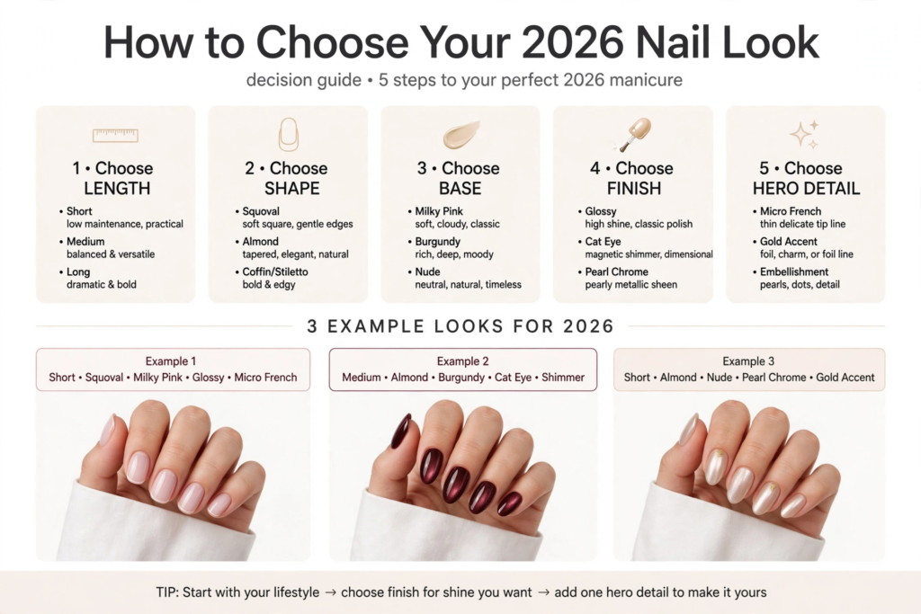 Nails Inspo 2026: 30+ Trendy Nail Ideas to Save Nails inspo 2026 decision guide infographic outlining a 5-step process to customize manicure length, shape, base color, finish, and hero details.