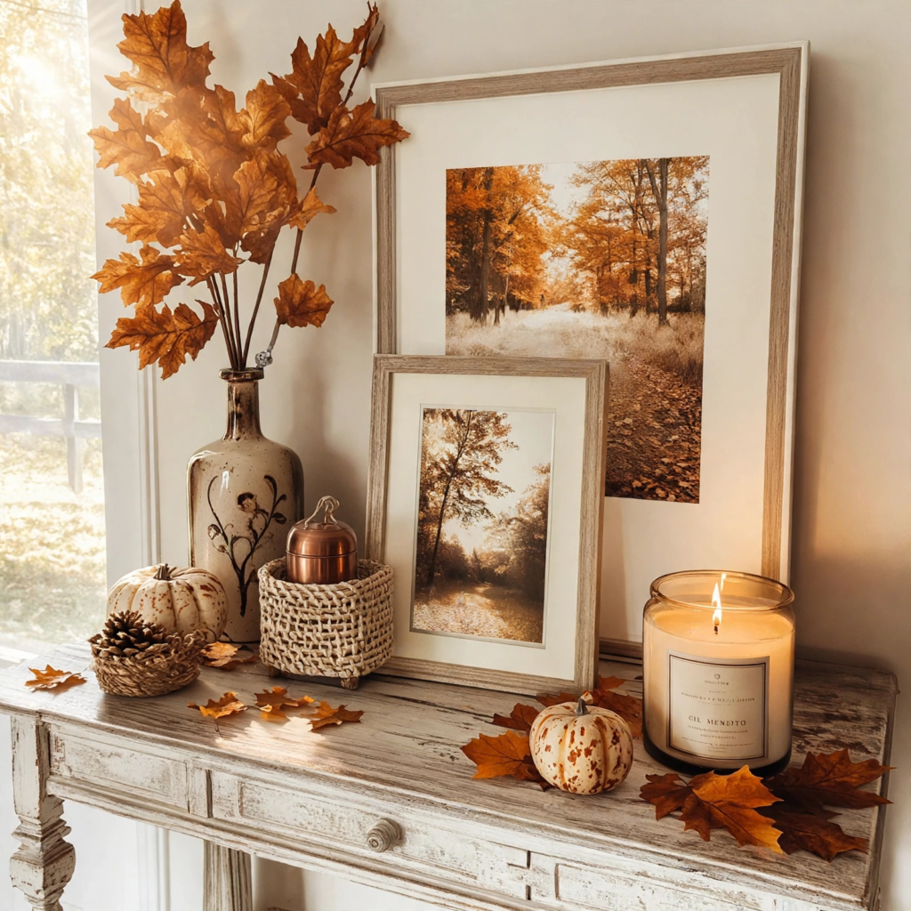 Rustic console table styled with cozy fall decor ideas for the home, featuring framed autumn landscape prints, speckled mini pumpkins, oak leaf stems in a ceramic vase, and a glowing jar candle.