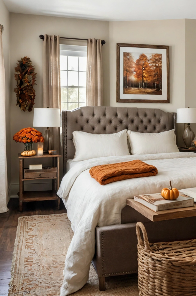 Elegant rustic bedroom featuring cozy fall decor ideas for the home with a tufted headboard, burnt orange throw blanket, mini pumpkins, and framed autumn forest art.