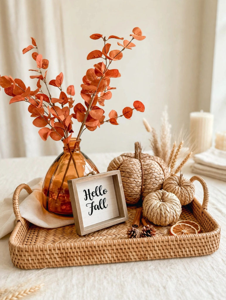 Woven wicker tray displaying cozy fall decor ideas for the home with woven rope pumpkins, an amber glass vase with burnt orange eucalyptus stems, and a framed "Hello Fall" sign.