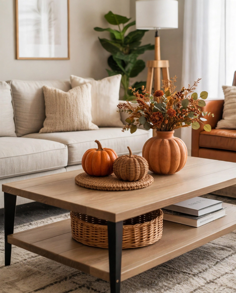 Neutral modern living room coffee table decorated with stylish fall decor ideas for the home, featuring a terracotta pumpkin vase with dried floral stems, a woven wicker gourd, and an orange pumpkin.