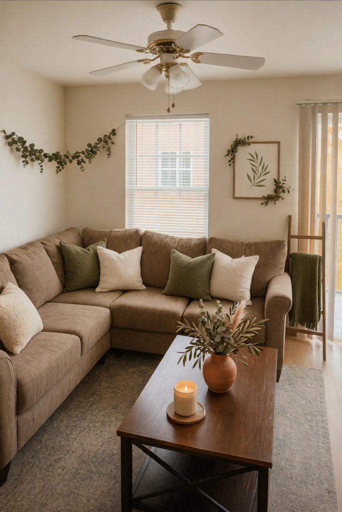 Earthy modern living room showcasing subtle fall decor ideas for the home with olive green throw pillows, eucalyptus wall garland, a glowing pillar candle, and dried florals in a terracotta vase on a dark wood coffee table.