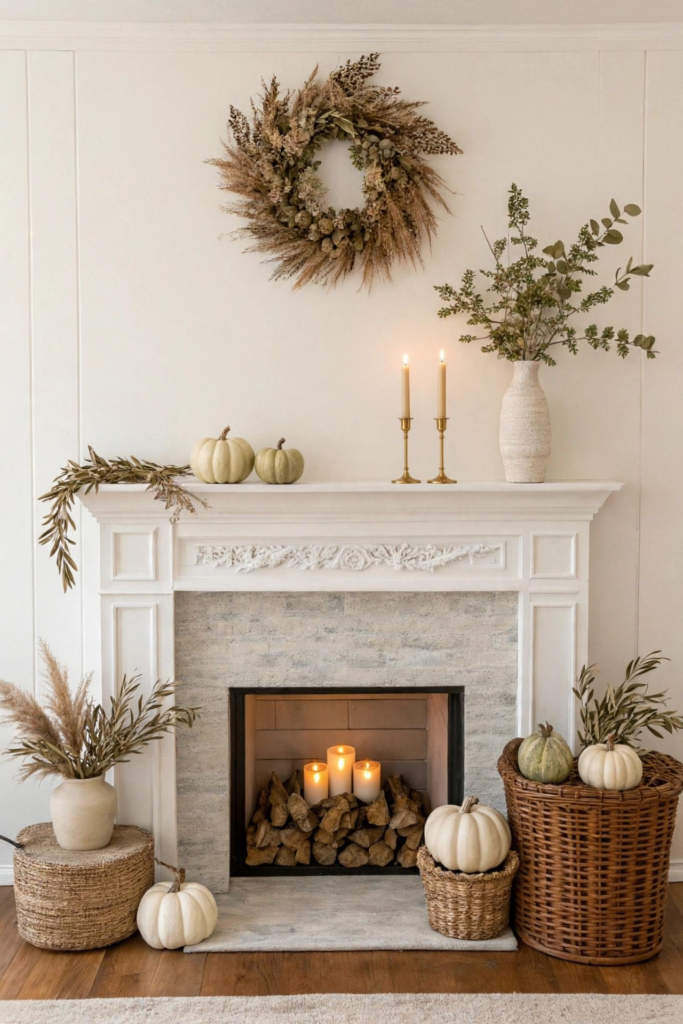 Neutral fireplace mantel styled with elegant fall decor ideas for the home, featuring a dried floral wreath, white pumpkins, brass candlesticks, woven baskets, and glowing pillar candles inside the firebox.