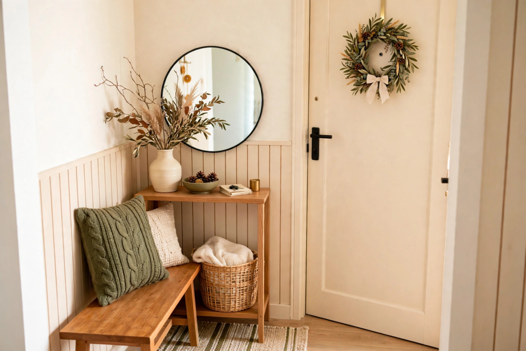 Bright entryway styled with warm fall decor ideas for the home, featuring a wooden console table, round mirror, dried floral vase arrangement, cozy knit bench pillows, and an autumn wreath on the door.