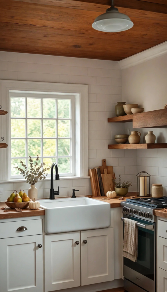 Rustic farmhouse kitchen styled with subtle fall decor ideas for the home, featuring a white apron sink, wood countertops, mini cream pumpkins, a bowl of pears, and floating wooden shelves with earthy pottery.