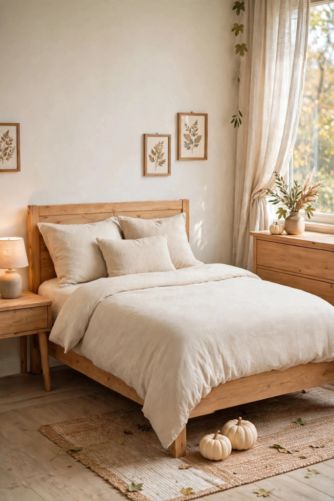 Minimalist neutral bedroom featuring cozy fall decor ideas for the home with a wooden platform bed, cream linen bedding, mini white pumpkins on a jute rug, and framed botanical leaf prints.