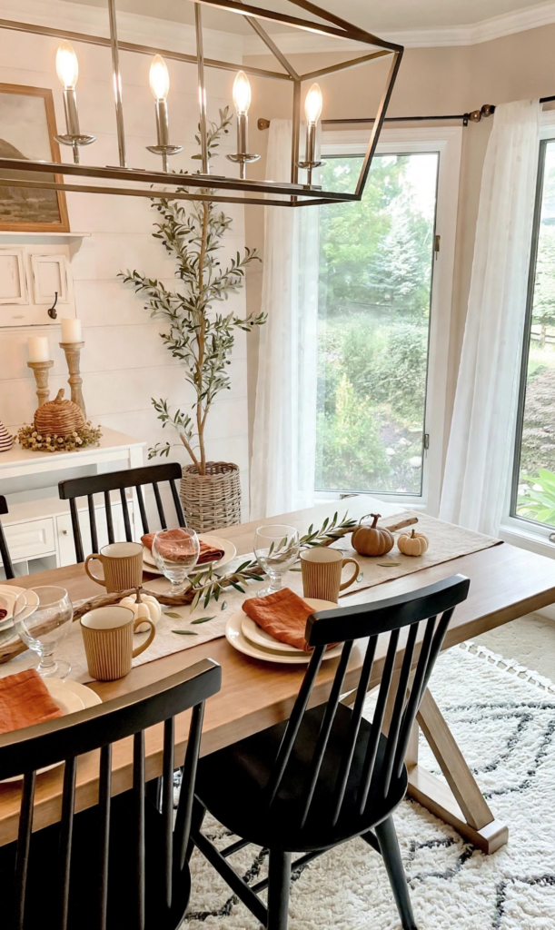 Elegant dining room table styled with cozy fall decor ideas for the home, featuring a neutral runner, burnt orange cloth napkins, ribbed mugs, mini pumpkins, and fresh greenery beneath a lantern chandelier