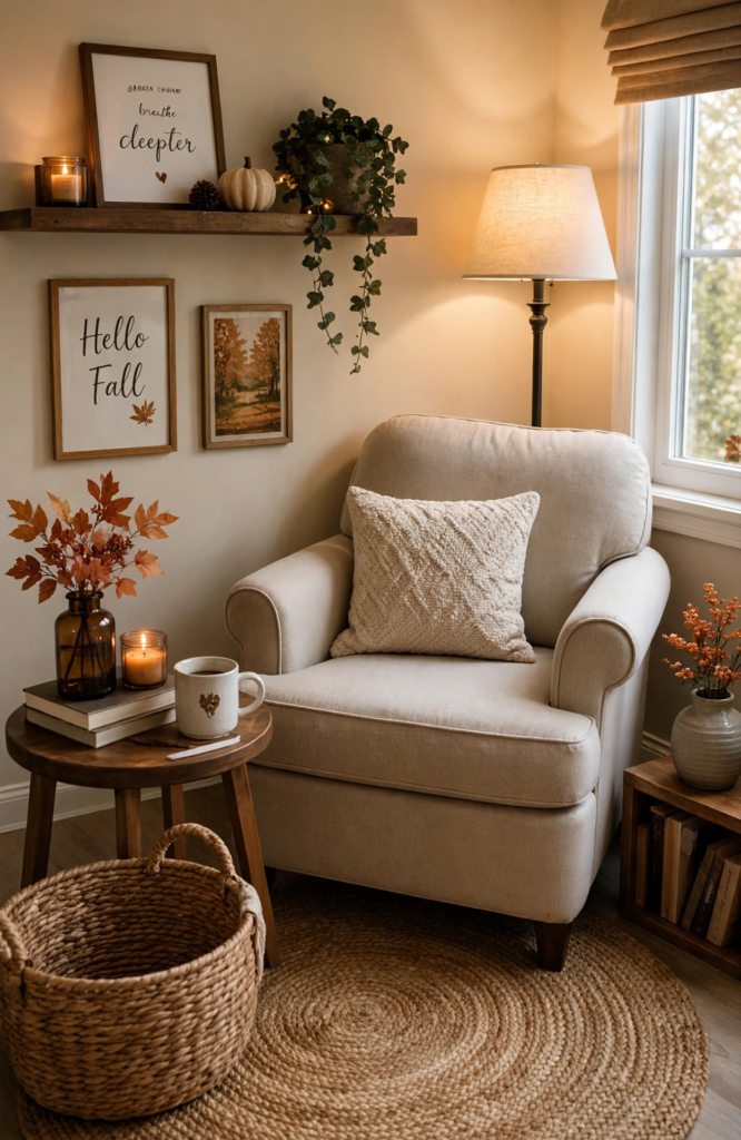 Cozy reading nook styled with warm fall decor ideas for the home, featuring a cream armchair, round jute rug, side table with a lit candle, framed "Hello Fall" sign, and autumn foliage in an amber bottle.