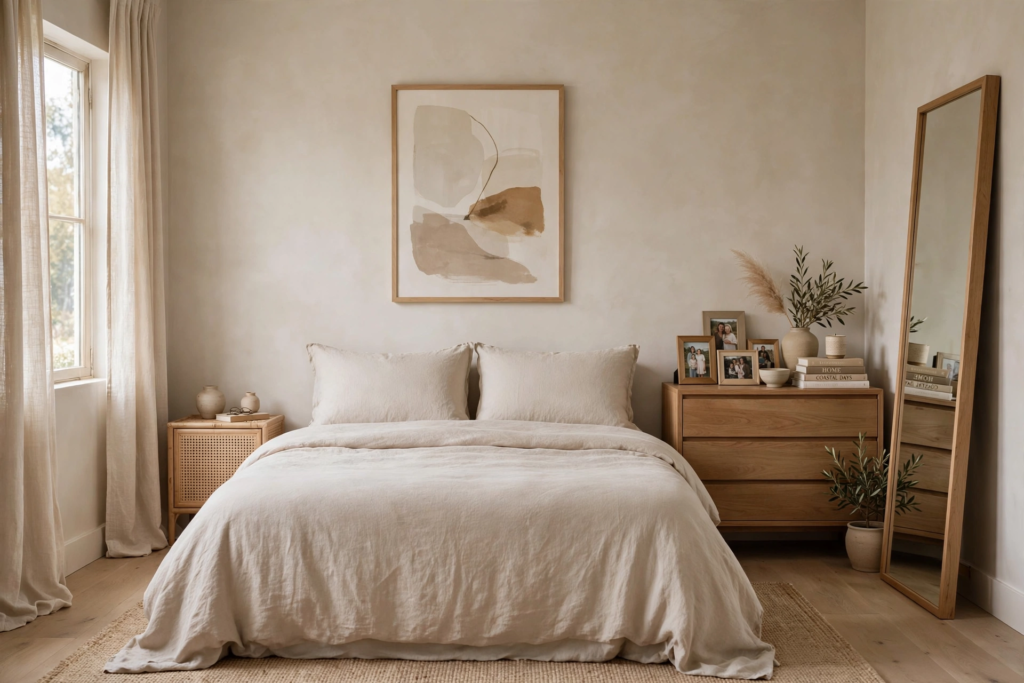 Serene bedroom design ideas showcasing a neutral linen bed, light oak dresser, full-length standing mirror, and minimalist wall art.