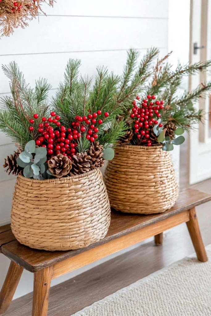 Rustic wooden bench displaying festive fall decor ideas for the home transition pieces, featuring two round woven wicker baskets filled with pine greenery, red winter berries, pinecones, and eucalyptus sprigs.