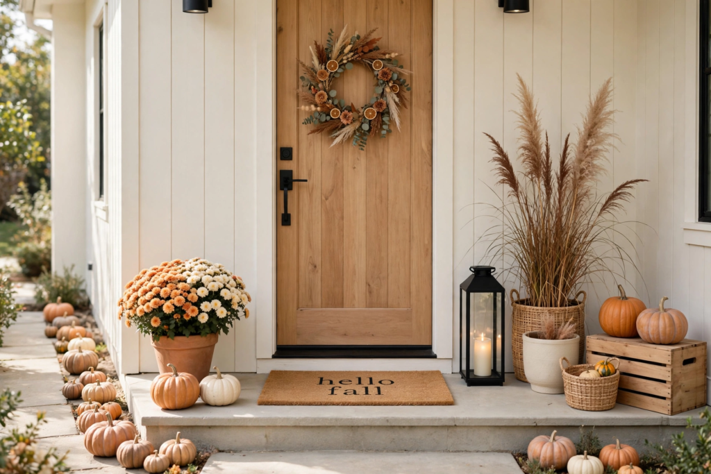Front porch styled with welcoming fall decor ideas for the home, featuring a dried floral wreath on a natural wood front door, potted chrysanthemums, heirloom pumpkins, tall pampas grass, and a "Hello Fall" doormat.