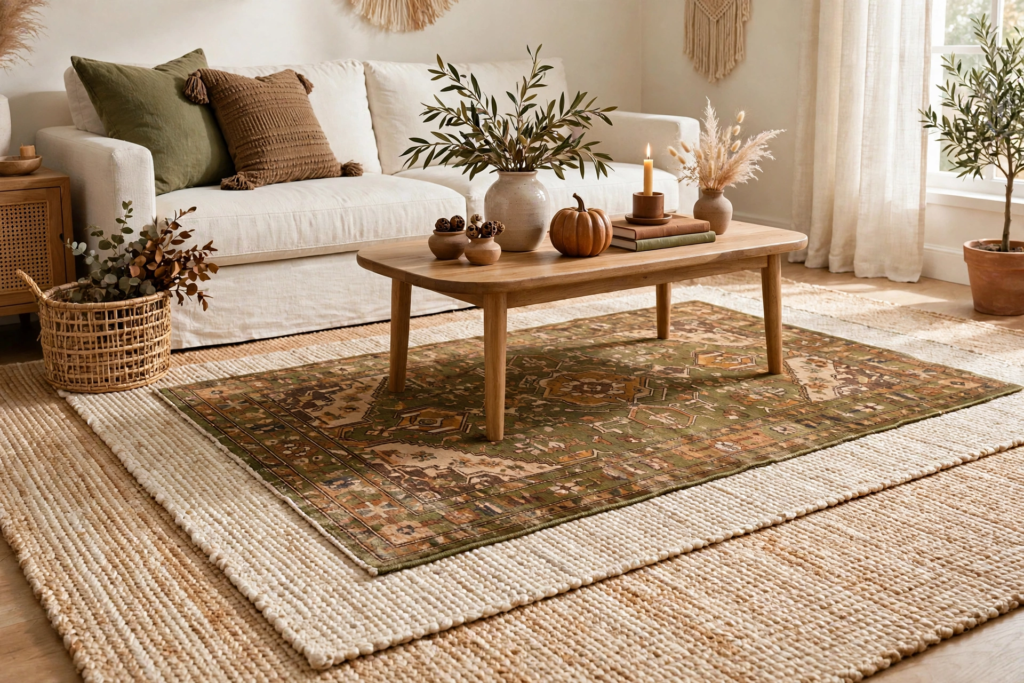 Warm living room styled with cozy fall decor ideas for the home, featuring layered rugs, a wooden coffee table with an olive branch vase, a small pumpkin, and earthy green and brown throw pillows on a cream sofa.