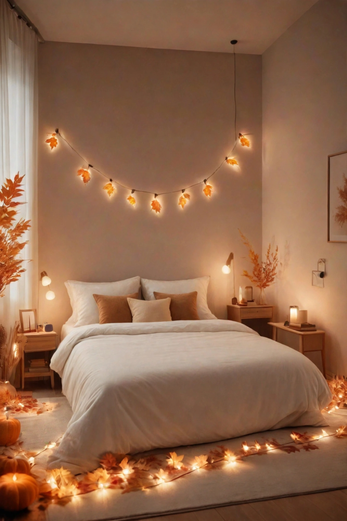 Cozy modern bedroom styled with warm fall decor ideas for the home, featuring illuminated maple leaf string lights draped on the wall, fairy lights with autumn leaves on the floor, mini pumpkins, and warm amber throw pillows.