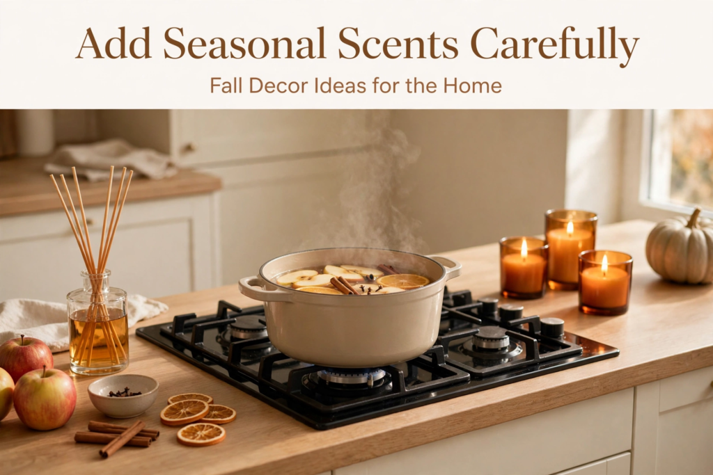 Kitchen countertop displaying cozy fall decor ideas for the home, featuring a steaming simmer pot with apple slices and cinnamon, amber candle holders, a reed diffuser, and fresh apples beside the stove