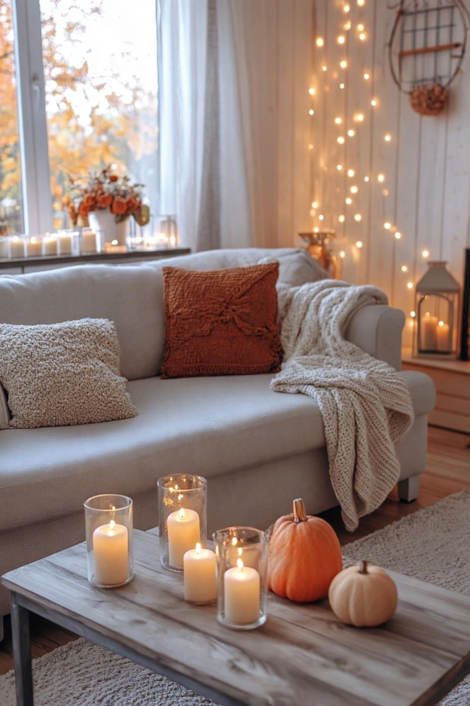 Warm and cozy living room styled with charming fall decor ideas for the home, featuring glass hurricane pillar candles and pumpkins on a coffee table, a knit throw blanket, a rust-orange accent pillow, and ambient fairy lights on the wall.