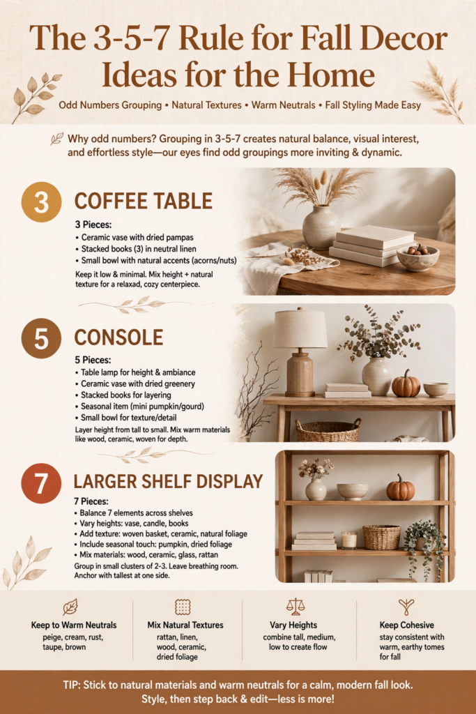Infographic guide explaining the 3-5-7 styling rule for fall decor ideas for the home, featuring examples of odd-number groupings for coffee tables, console tables, and open shelf displays with pumpkins, dried florals, and warm neutral accents.