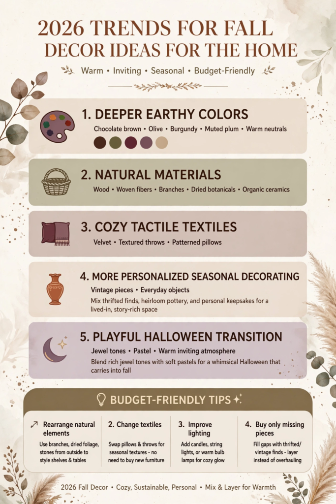  Infographic outlining top trends for fall decor ideas for the home, highlighting deep earthy colors, natural materials, tactile textiles, personalized vintage decor, and budget-friendly autumn styling tips.   