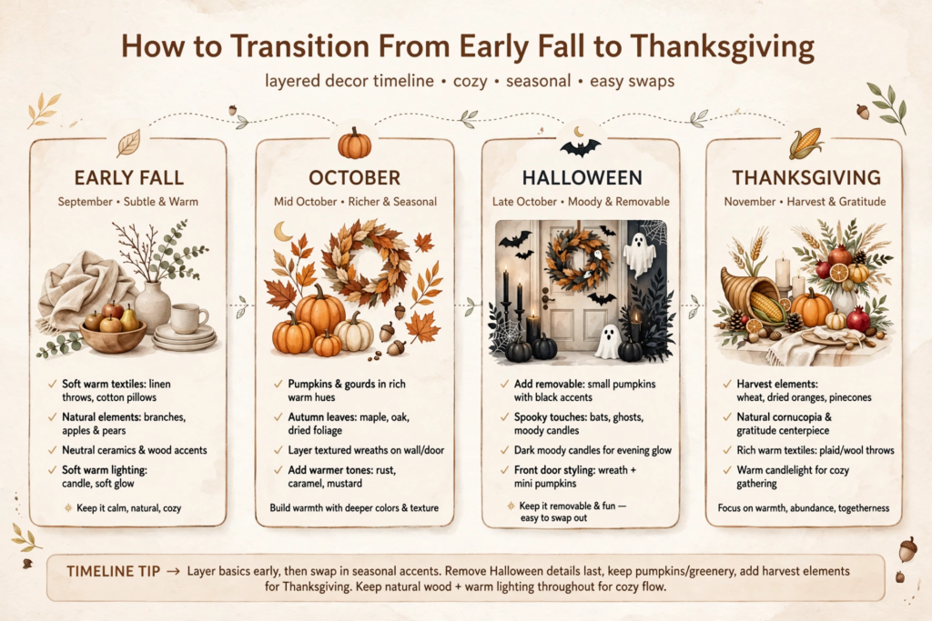 Infographic guide explaining how to transition fall decor ideas for the home from September through Thanksgiving, detailing seasonal decor swaps across Early Fall, October, Halloween, and harvest styling.