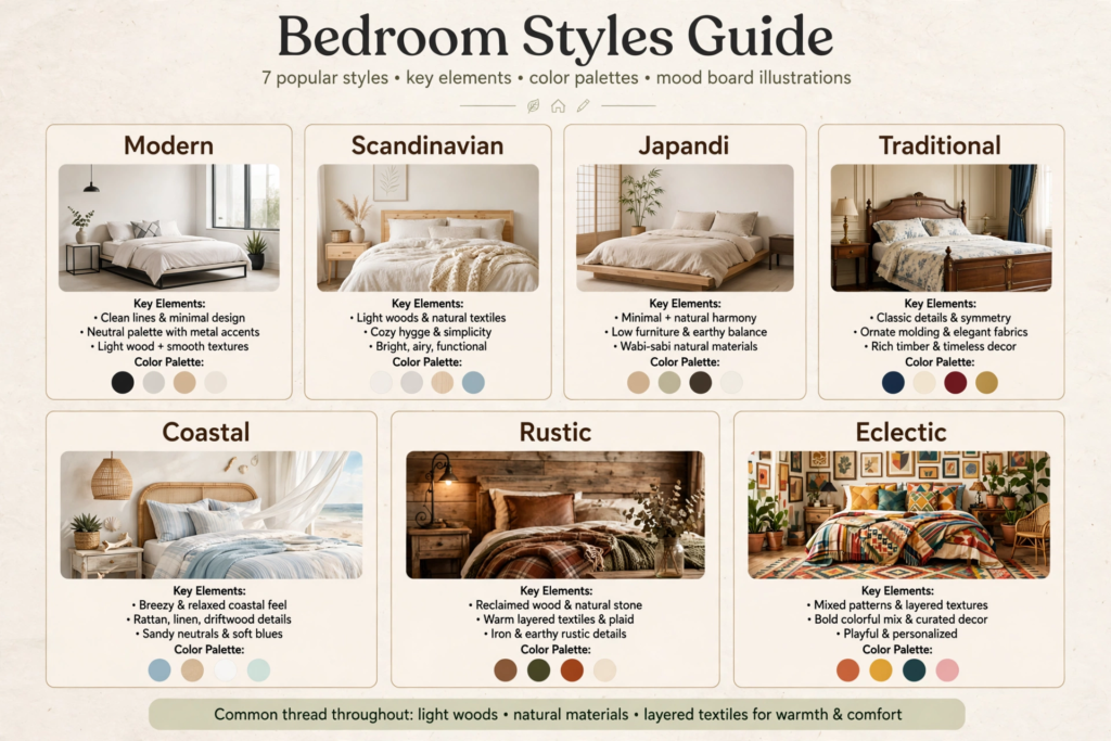 Infographic guide to bedroom design ideas featuring 7 popular interior styles, key design elements, and color palettes.   