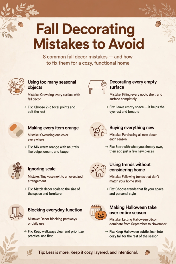 Infographic outlining fall decorating mistakes to avoid, providing practical tips and fall decor ideas for the home on balancing color, scale, and seasonal accents for a cozy space.