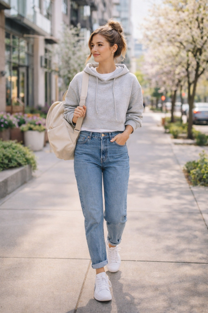 Casual jeans and sneakers outfit ideas featuring a woman wearing high-waisted blue denim, white low-top sneakers, a grey cropped hoodie, and carrying a beige backpack.