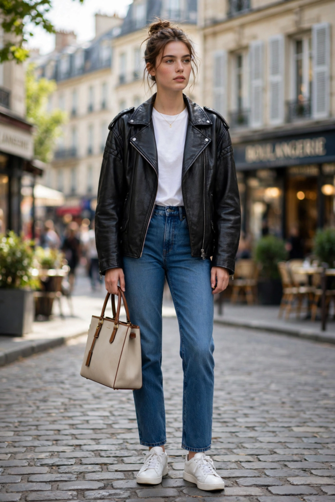Edgy jeans and sneakers outfit ideas featuring a woman wearing high-waisted blue jeans, clean white sneakers, an oversized black leather biker jacket, and a white t-shirt.   