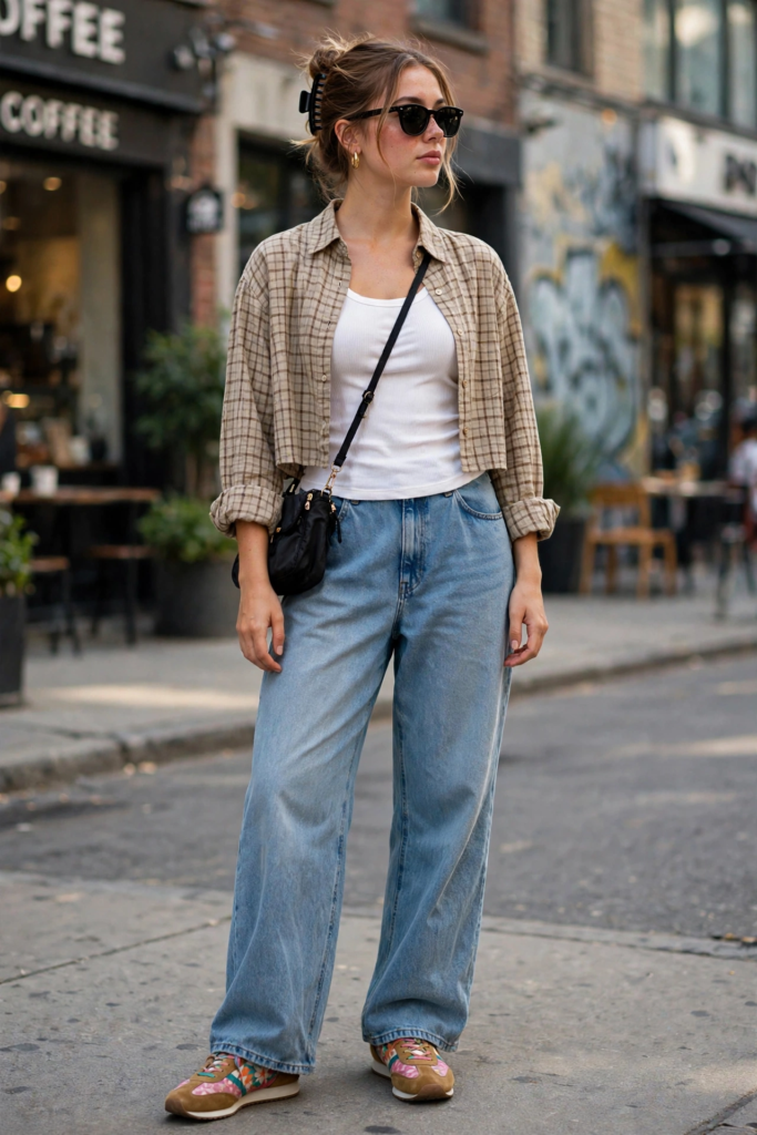 Casual jeans and sneakers outfit ideas featuring wide-leg light-wash denim, colorful low-profile sneakers, a white tank top, and a cropped plaid button-down shirt.   