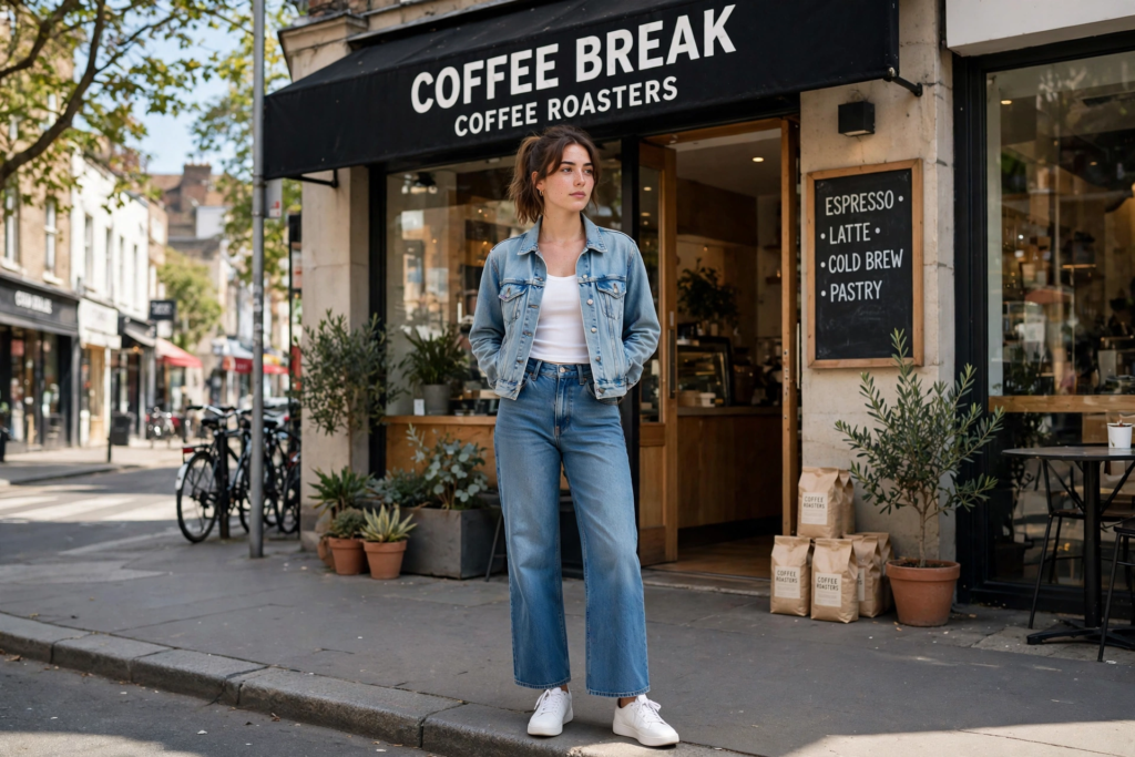 Chic denim-on-denim jeans and sneakers outfit ideas featuring high-waisted wide-leg jeans, low-top white sneakers, a white top, and a light-wash denim jacket outside a coffee shop.   