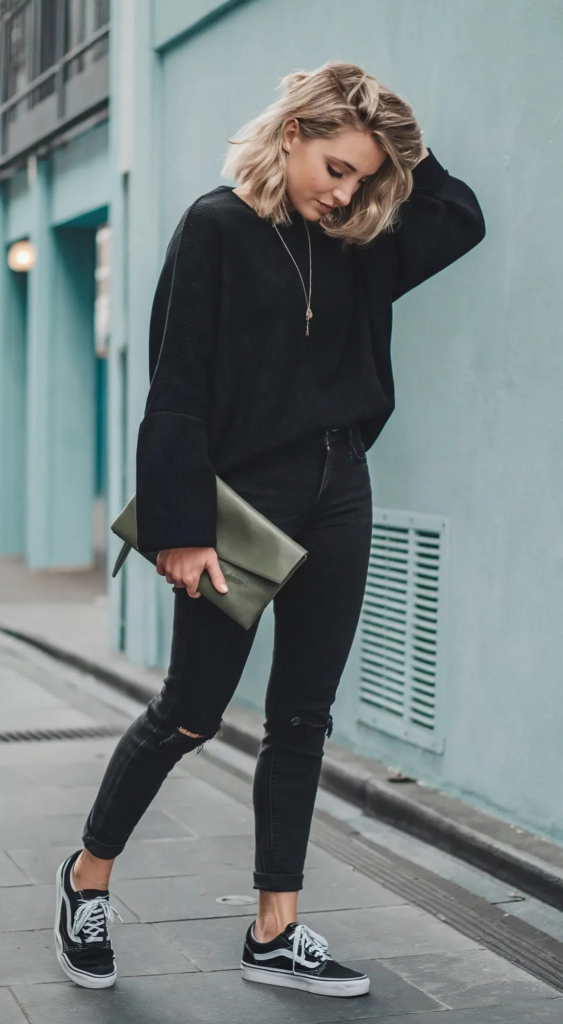 All-black jeans and sneakers outfit ideas featuring black skinny jeans with ripped knees, black skate sneakers, an oversized black sweater, and an olive green clutch bag.   