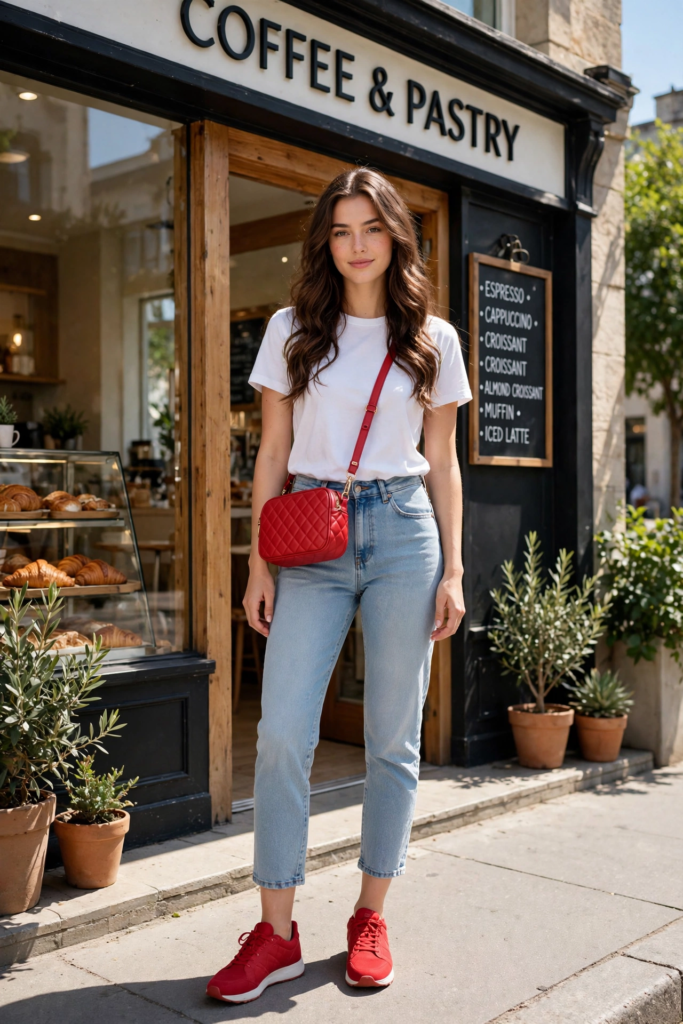 Casual jeans and sneakers outfit ideas featuring light-wash ankle jeans, vibrant red athletic sneakers, a classic white t-shirt, and a matching red crossbody bag.   
