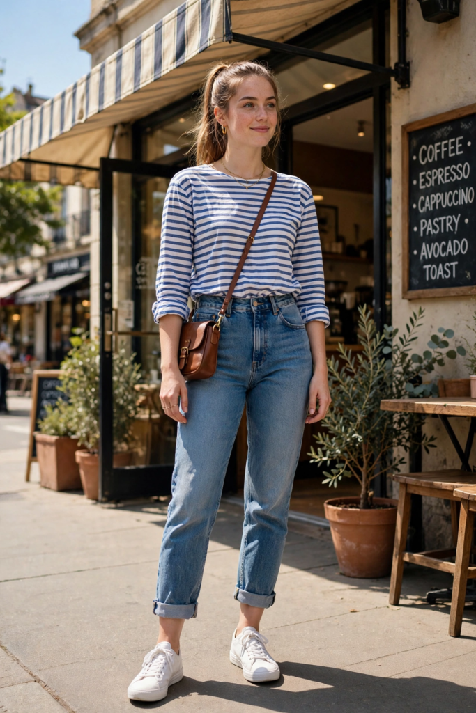 French-chic jeans and sneakers outfit ideas featuring high-waisted cuffed jeans, low-top white sneakers, a blue and white striped shirt, and a brown leather crossbody bag.   
