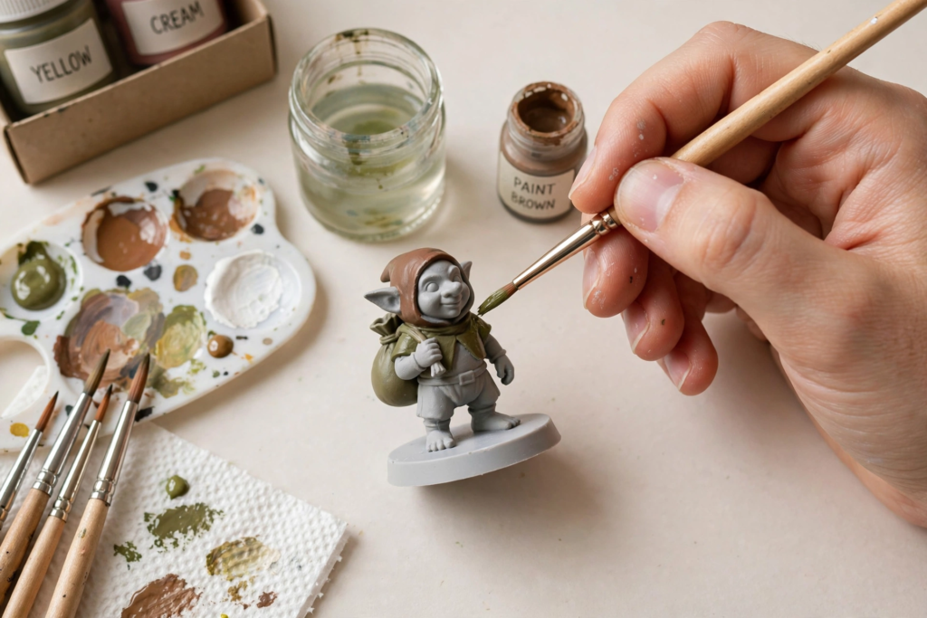 20 Nostalgic Crafts Making a Comeback in 2026 Person hand-painting a small miniature goblin figurine with a fine detail brush and acrylic paints, showcasing nostalgic crafts 2026 tabletop gaming and miniature painting ideas.