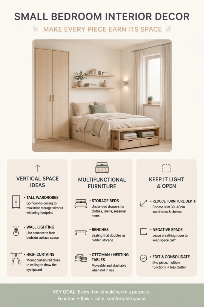 Small bedroom design ideas infographic featuring tips on vertical space, multifunctional furniture, and space-saving layout solutions.   