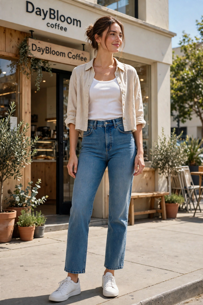 Casual jeans and sneakers outfit ideas featuring high-waisted straight-leg blue jeans, clean white leather sneakers, a white tank top, and an open beige linen button-down shirt.   