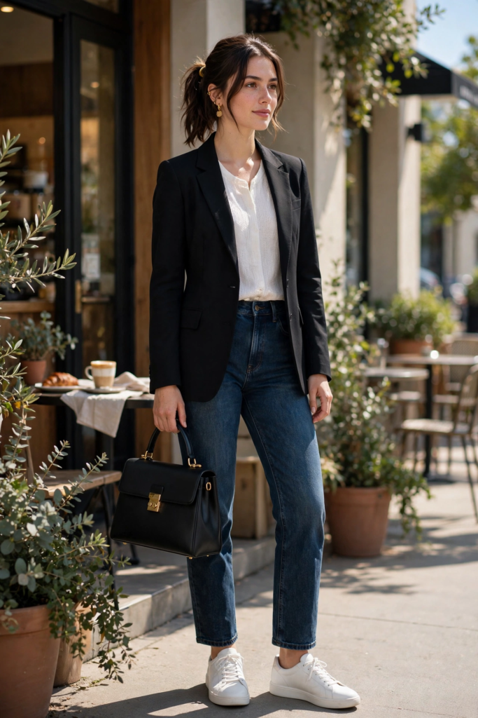 Smart casual jeans and sneakers outfit ideas featuring dark-wash straight jeans, crisp white sneakers, a tailored black blazer, and a structured black top-handle handbag.   